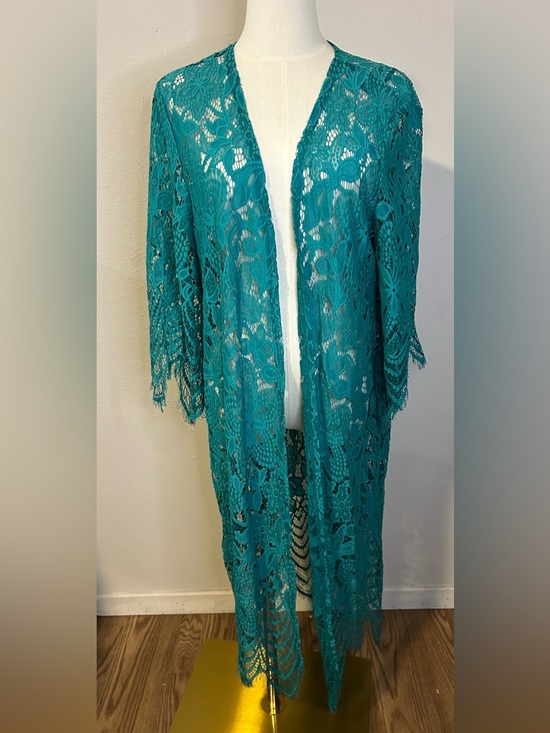 love, Fire Jackets & Blazers - love, Fire Teal Crochet Lace Longline Open Duster
